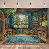 2D Verzauberter Klassenzimmer Hintergrund, Rustikaler Baumraum mit Sonnenblumen und Büchern Hintergrund