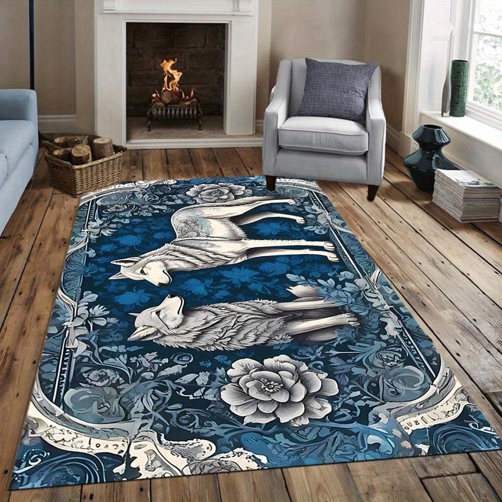Luxuriöser Kristall-Samt Teppich mit Wolfsmotiv - Bodenmatte Schwergewicht, Dunkelblaues Blumen- & Wolfsmuster, Weiches Polyestermaterial