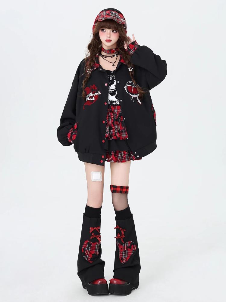Autumn Winter Punk Harajuku Coats American Vintage All Match Casual Commuter Loose Jackets Constrast Color Japan Print Clothing
