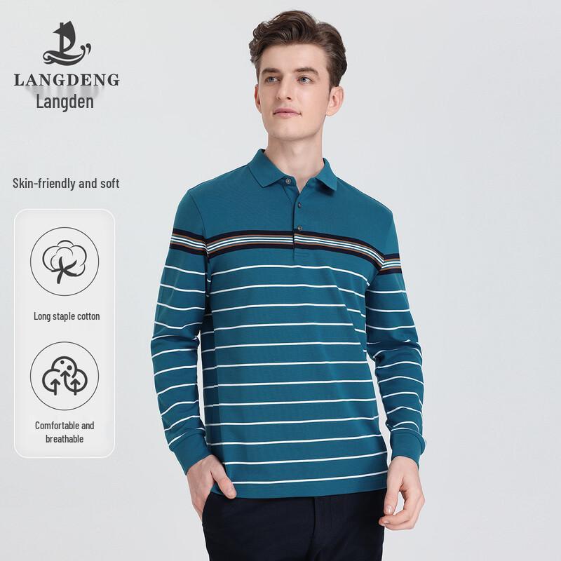 Langdeng Men s Striped Long-Sleeve Polo Shirt M