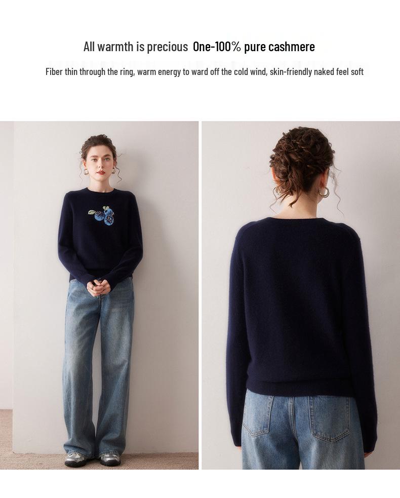 Lekasha Women's 100% Pure Cashmere Round Neck Pullover Sweater with Blueberry Embroidery - Ideal for Autumn and Winter.