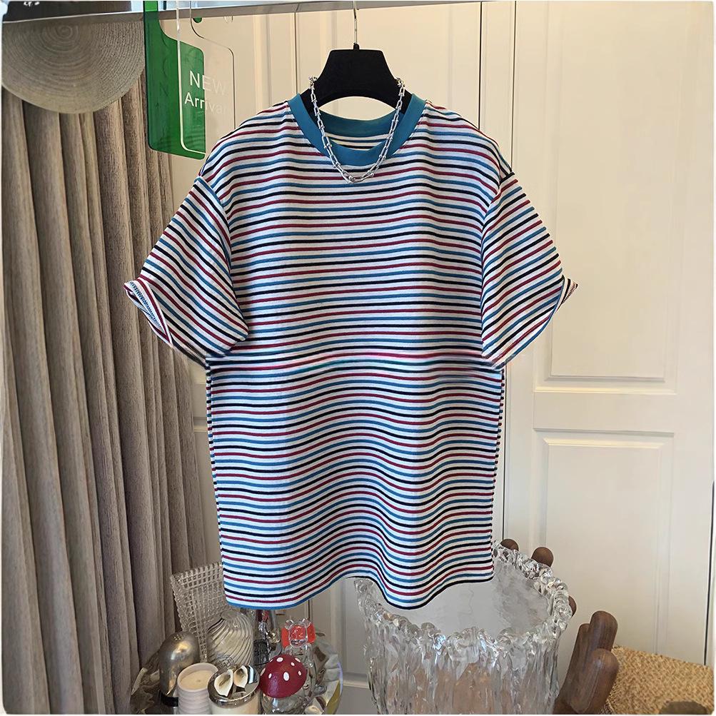 European Plus Size Striped Short Sleeve T-shirt for Women - Versatile Summer Loose Top