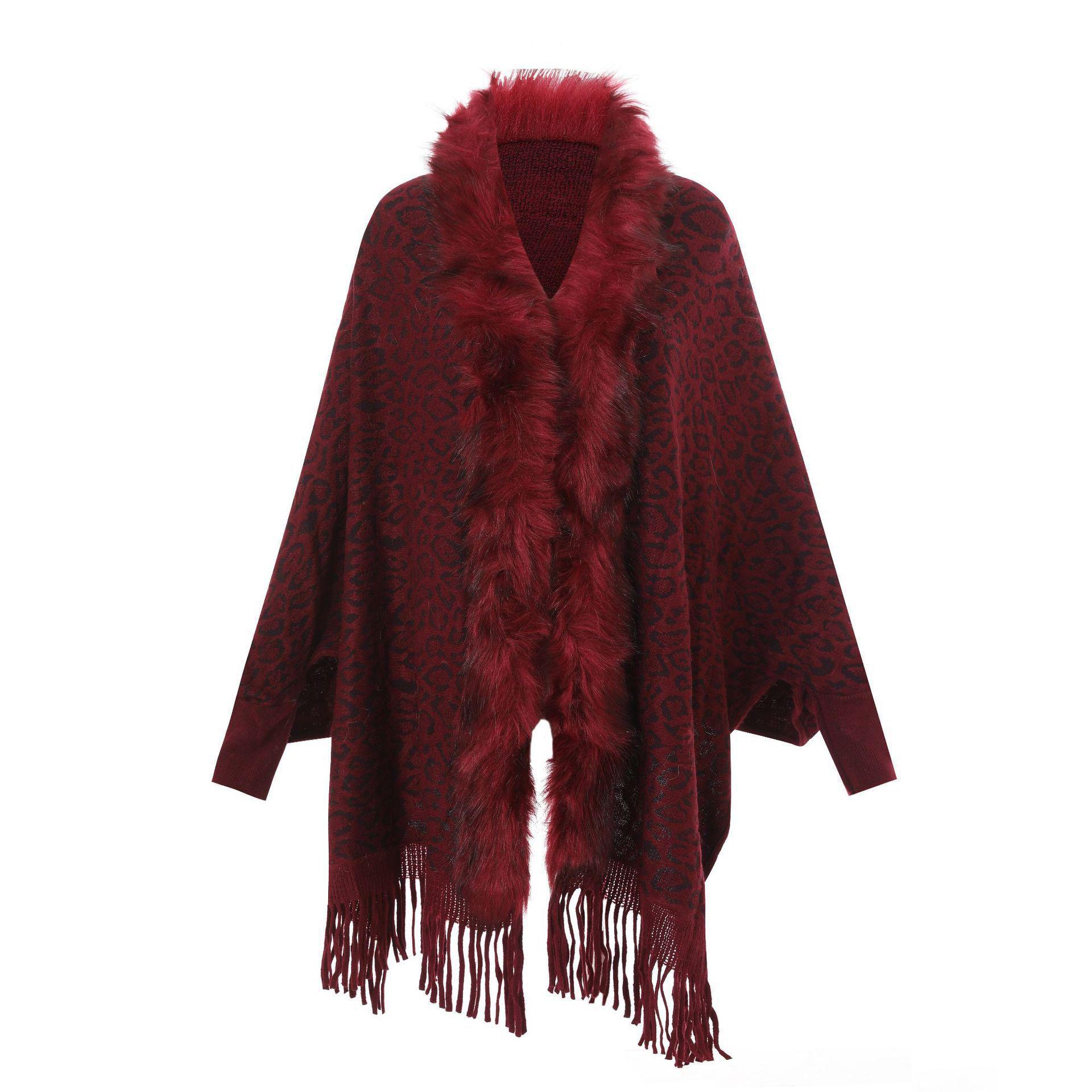 

Leopard Fur Collar Knitted Wool Shawl Coat for Women 150CM червоний