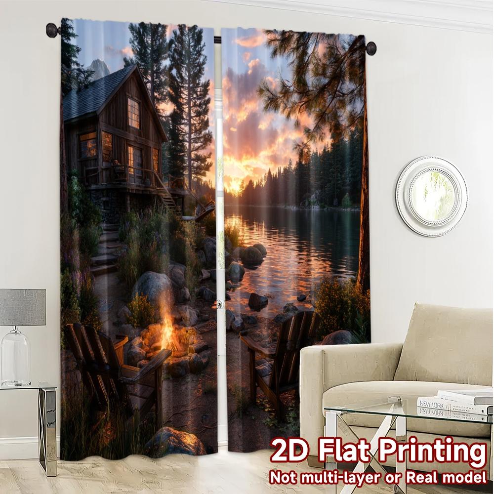 2pcs, 2D FLAT PRINTING Curtains (Without Rod) Cabin Serenity Popular Popular Curtain Machine Washable Fabric Curtains Versatile