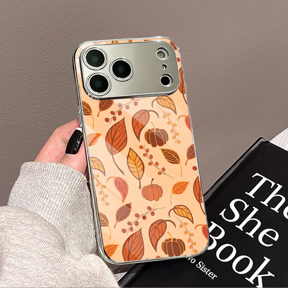 Luxury Leaf Phone Case For iPhone 17 16 15 14 13 12 Pro Max Plus Electroplated Metal Shockproof Bumper Case Glass Back