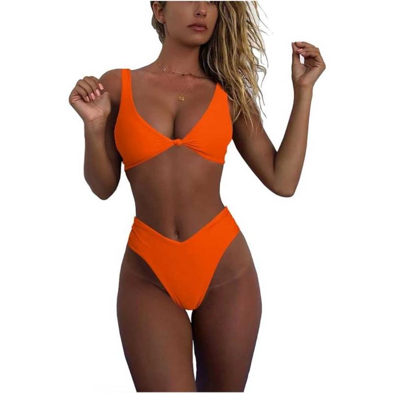 Traje de Bikini Skinny Deportivo para Mujer Color Sólido Lazo Cintura Alta Dos Piezas Traje de Baño Bikini