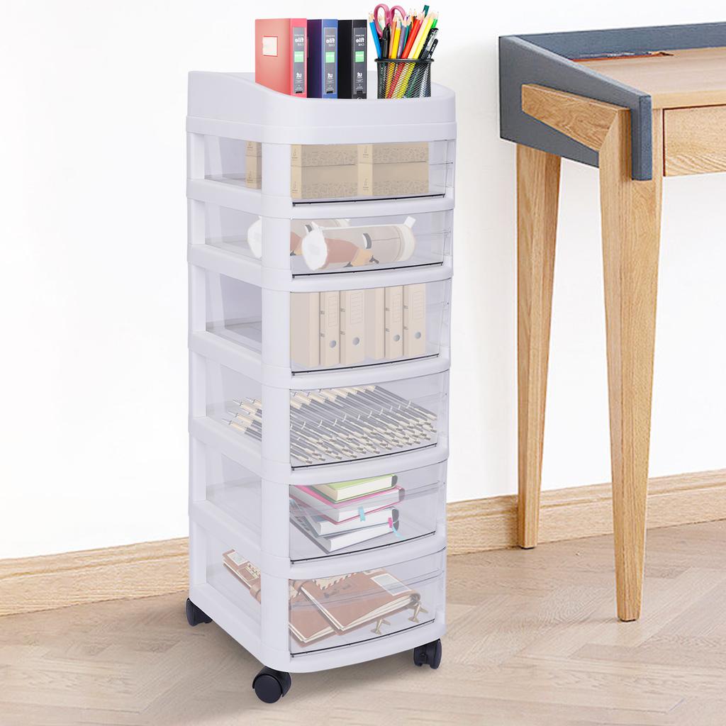 6-Tier Rolling Storage Cart W/ Drawers, Mobile Organizer Cabinet On Wheels, White Storage Tower for Bedroom Closet Organization