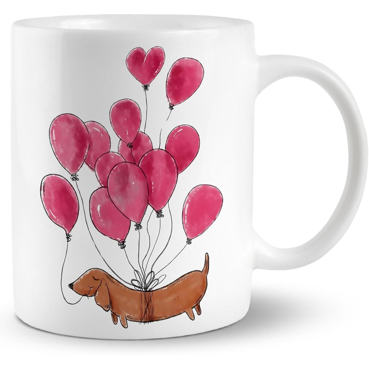 Dachshund Coffee Mug - Weiner Dog Ceramic Cup with Pink Balloon Design - Doxie Gift for Dog Lovers 320ml