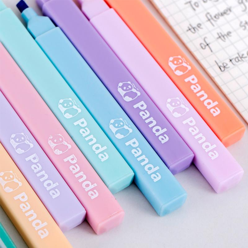 Set de 4 pixuri de evidențiere cu panda drăguț de culoare ușoară, butoi pătrat, căptușeală moale pentru marcator pentru desen, pictură, școală