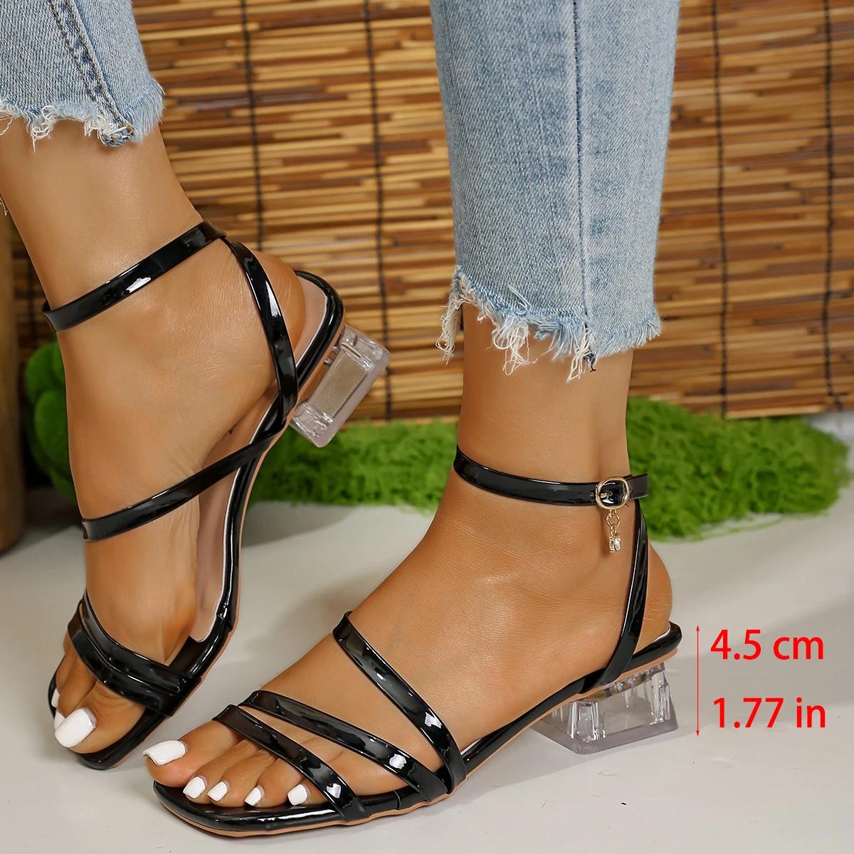 

Transparent Chunky Heel Sandals for Women Summer 2025 Fashion Ankle Strap Dress Sandals Woman Comfort Square Toe Sandalias Mujer 43 чёрный