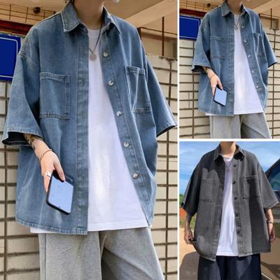 Men Denim Button-down Shirt Short Sleeve Lapel Shirt with Chest Pockets Loose