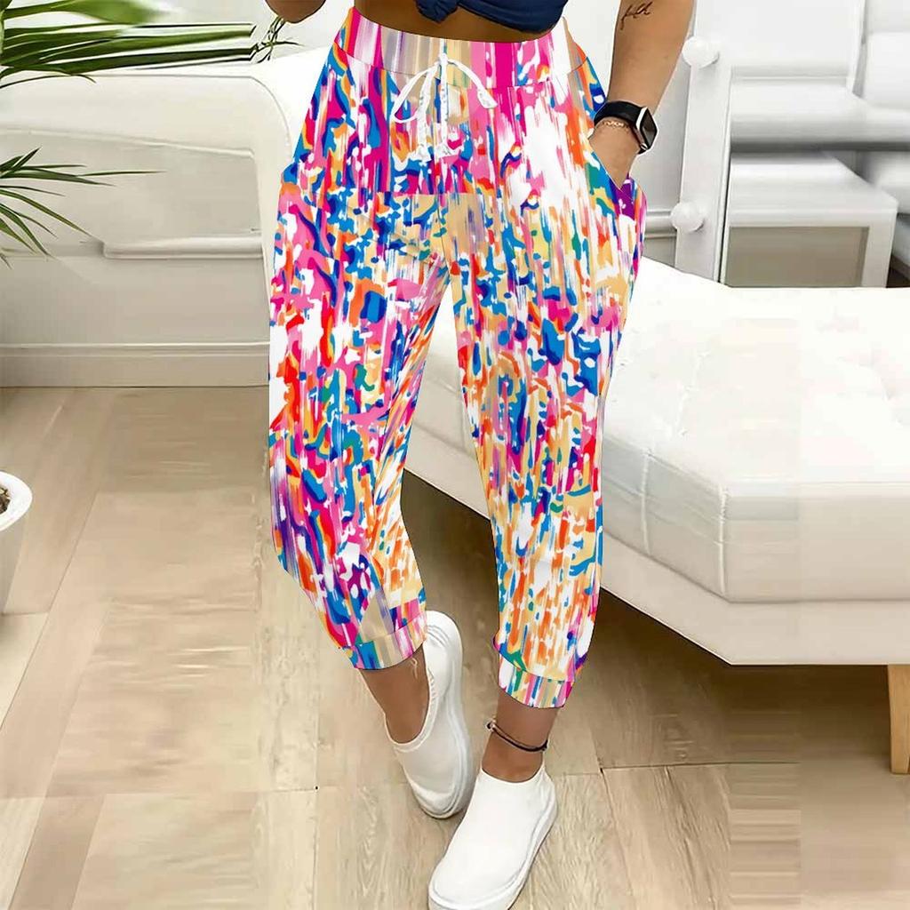 Summer Ladies Multi Category Printing Printed Sweatpants Loose Fit Drawstring Joggers Elastic Cuff Daily Casual Pants
