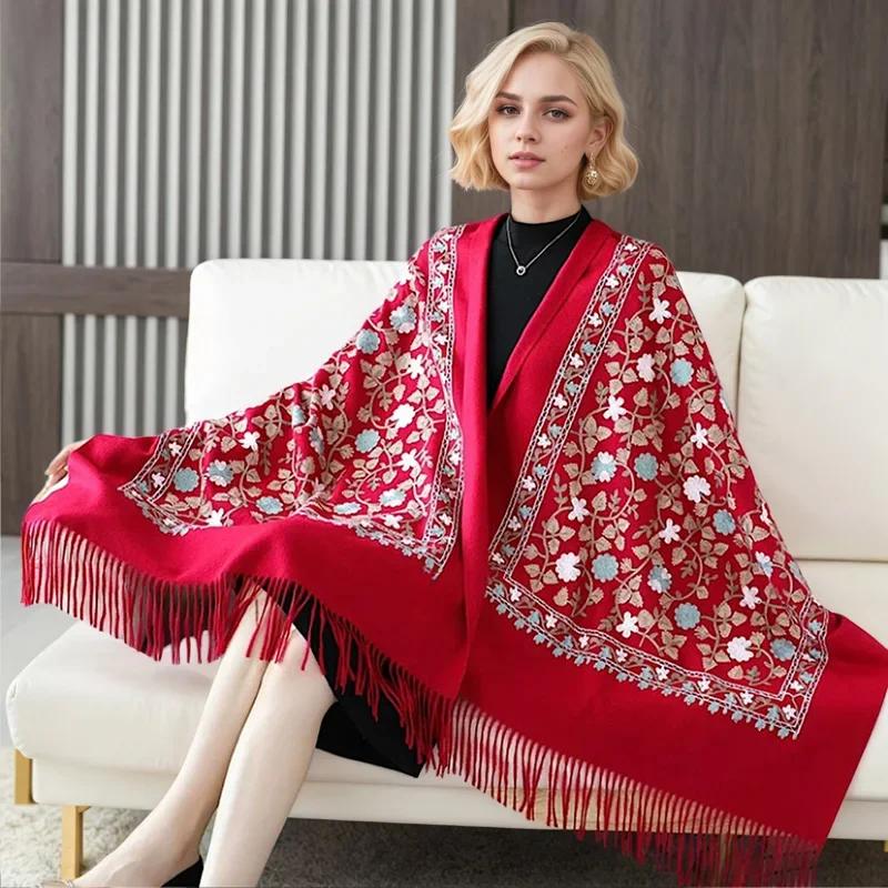 Embroidery Scarf Shawl Imitation Cashmere Woman  Designer Hand Embroidery Cape Thickening Keep Warm Winter Wrap