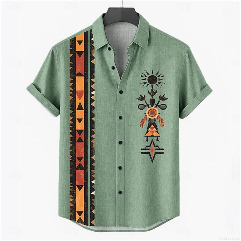 Men's Retro Style Casual Shirts Men's Tops with Tribal Prints, Short-sleeved Casual Beach Shirts, Hawaiian Style Shirts