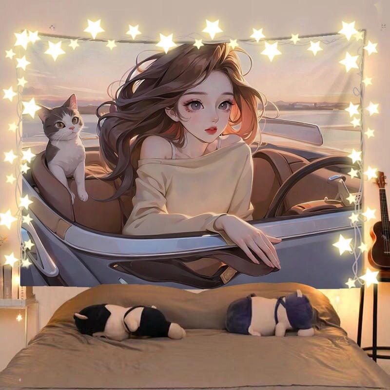 Anime-Mädchen und Katze Heilende Landschaft Wandteppich Wandbehang Dekoratives Gewebe für Zimmer Kopfteil und Hintergrunddekoration
