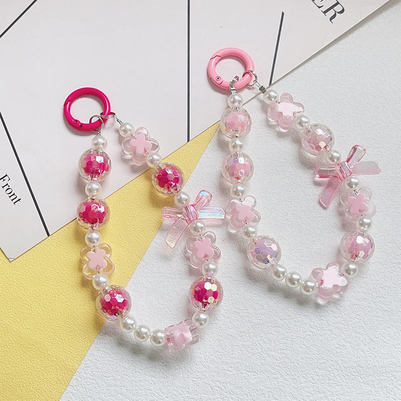 Creative  Beaded Bow Chain Pendant Decoration Keychain Mobile Phone Anti Loss Chain Bag Ornaments Car Accessories Gift