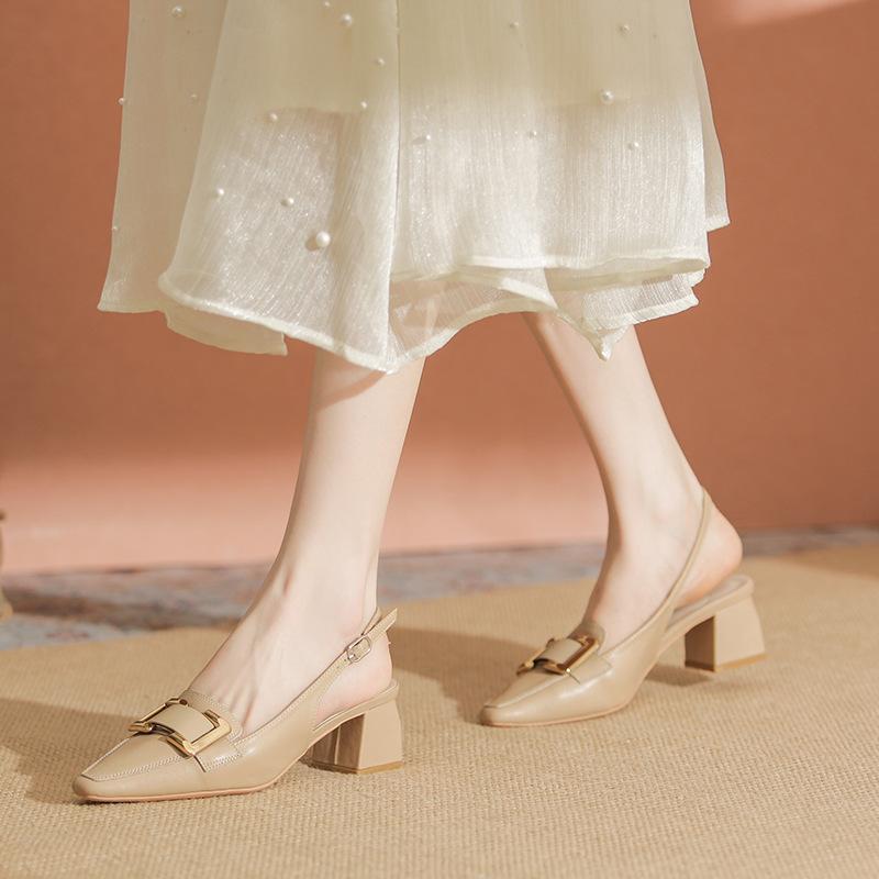 Spot Leather Bag Head Sandals Women's Summer New Thick Heel Light Mouth Empty Women's Shoes Thick Heel Single Shoes