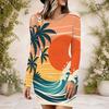 Women Plus Size One Shoulder Long Sleeve Bodycon Mini Dress Tropical Palm Sunset Wave Printed