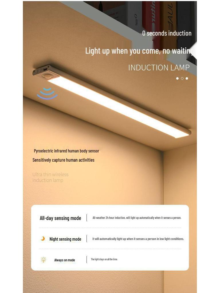 Ultradünner wiederaufladbarer magnetischer LED-Lichtstreifen für Kleiderschrank/Schrank mit Bewegungssensor, keine Verkabelung erforderlich