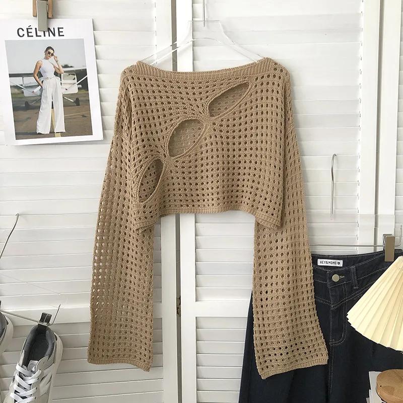 Dam Retro Vit Virkad Öppen Stickad Långärmad Croptop