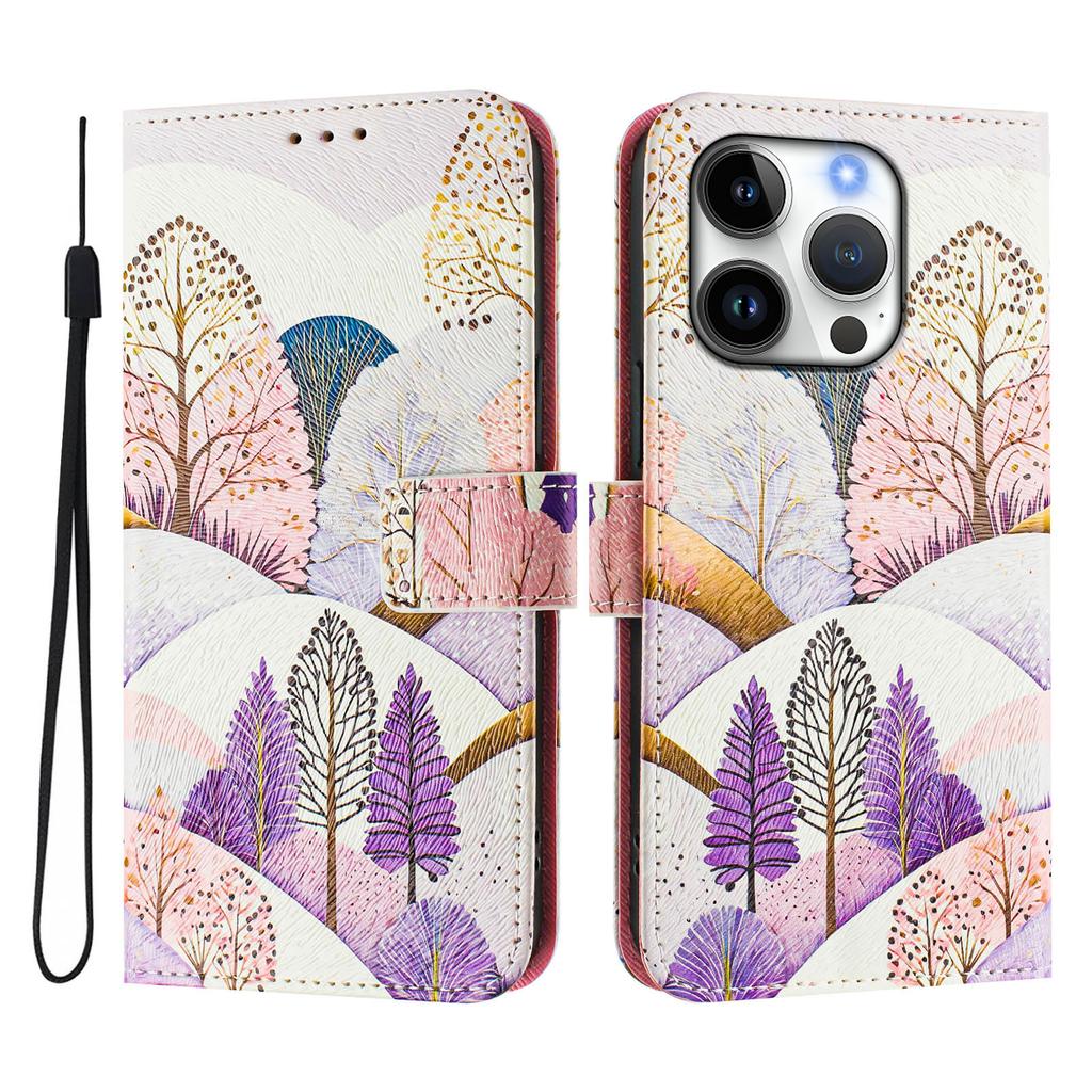 For iPhone 16 Pro Case Pattern Printing Wallet Phone Cover with Strap