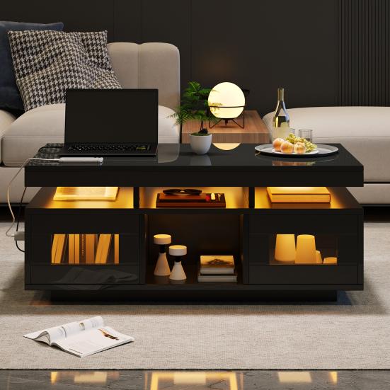 100x50x43cm Schwarzer Hochglanz-Couchtisch, mit steuerbaren LED-Leuchten, Mobile App, Wohnzimmertisch mit Schrank, Sofatisch mit Ladeanschluss und