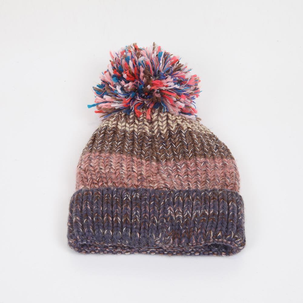 Autumn and Winter New Hairball Fish Bone Color Matching Thickened Women's Knitted Hat Wool Hat Color Matching Knitted Hat