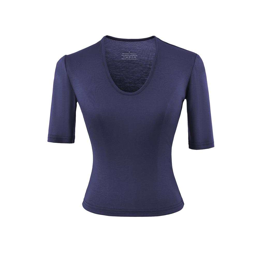 U-neck medium-sleeved T-shirt women's summer new American Spice Girl style solid color slim-fitting and thin bottoming top