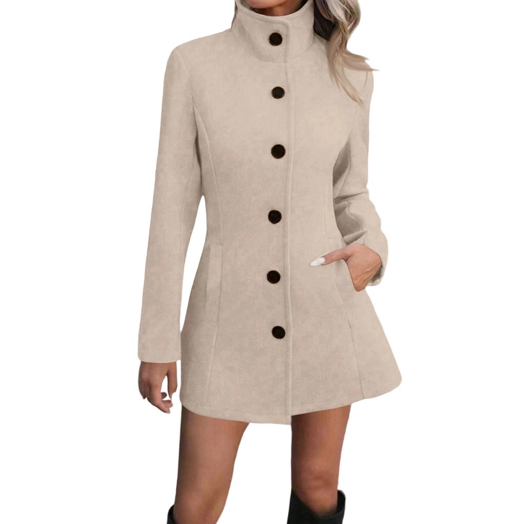 Women's Fashionable, Casual, Commuting Stand-up Collar Woolen Top Coat