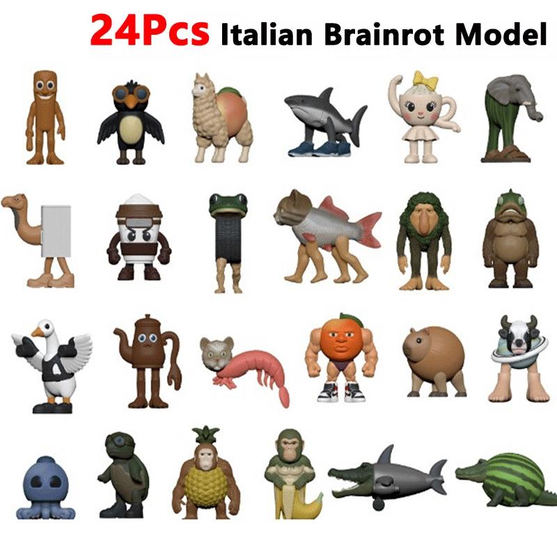 24Pcs Italian Brainrot Anime  Action Figures Story Toys Set Tung Tung Sahur Tralalero Tralala Shark Collectible Figurine Model