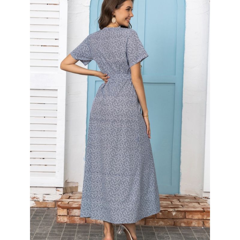 Cross-Border Fashion Summer New V Neck Small Floral Sexy Slit Short Sleeve Dress Sanya Seaside Beach Dress