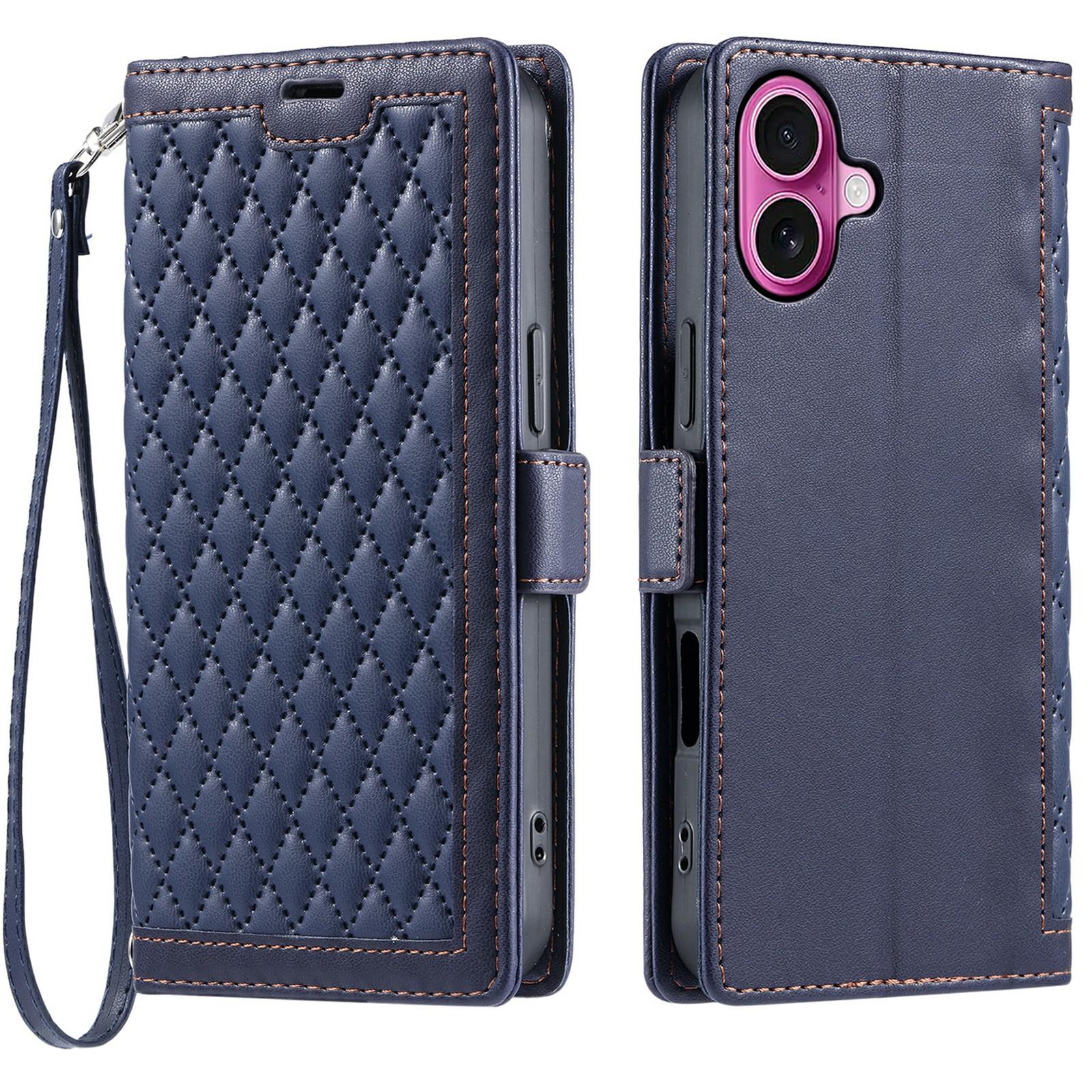 

For iPhone 16 Plus Leather Case Rhombus Texture Wallet Stand Phone Cover with Wrist Strap Blue