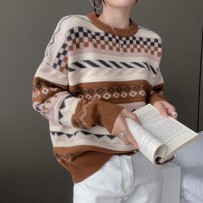 

Тяжелый жаккардовый свитер с круглым вырезом для женщин в осенне-зимней моде, универсальный кашемировый вязаный свитер, контрастный базовый топ-рубашка XXL