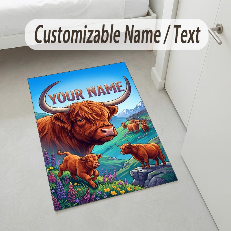 Tappeto in Velluto Cristallo Tema Mucca Highland Nome Personalizzato Testo Tappetino Morbido per Pavimento Decorazione Casa