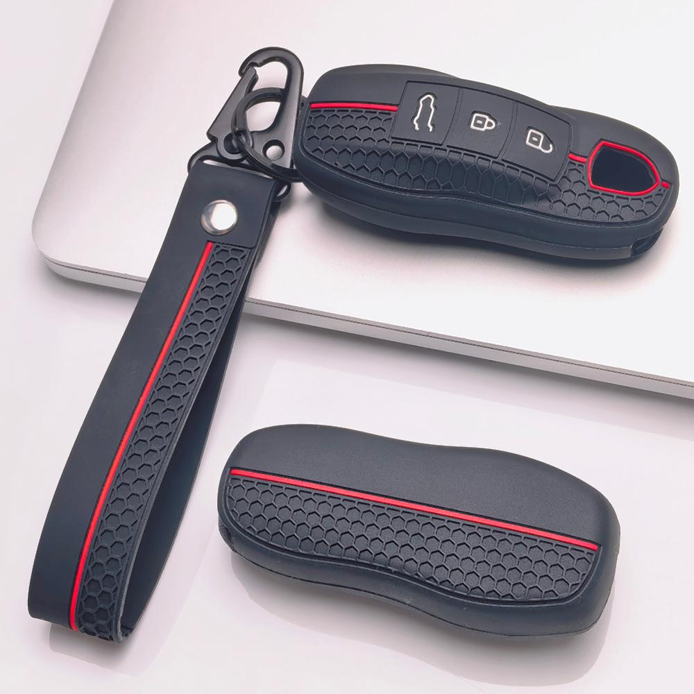 Silicone Car Key Fob Cover for Porsche Cayenne Macan Panamera 911 Boxster Cayman Taycan 718 Spyder GT3 RS with Keychain Key Shell Accessory