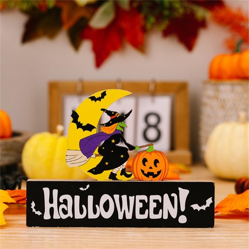 2Pcs Creative Halloween Gnomes Pumpkin Witch Figurines Wooden Block Table Sign For Festives Home Shelf Tiered Tray Decors