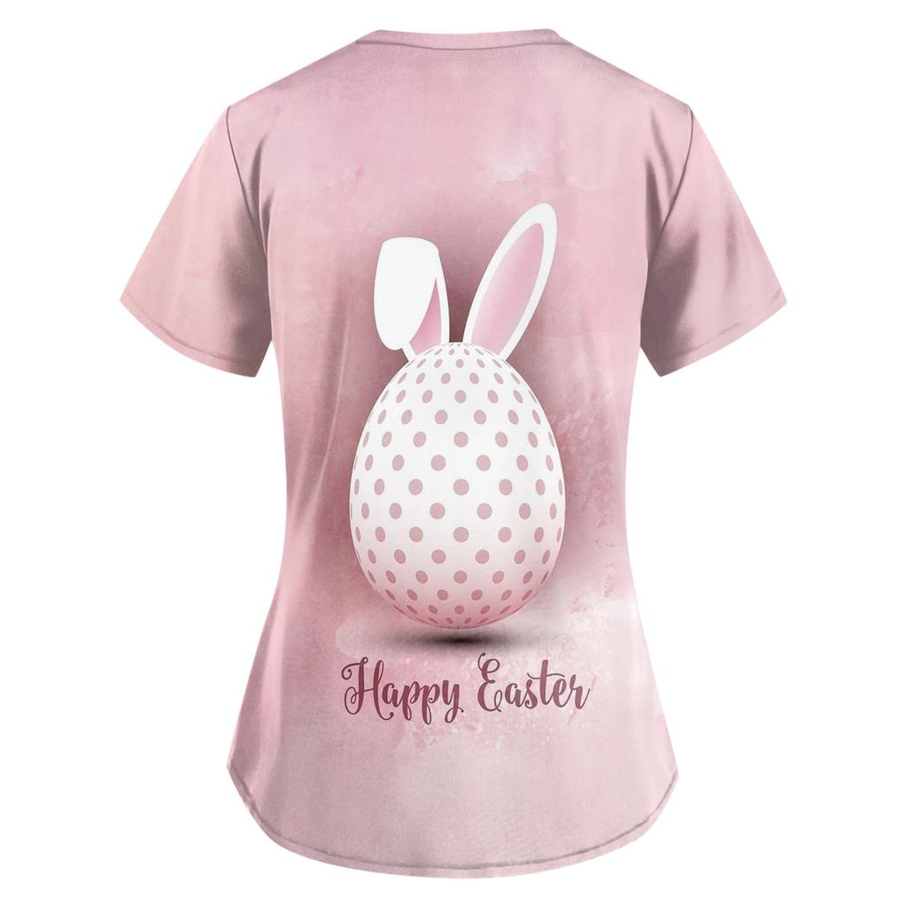 Women's Easter Printed Short Sleeve V Neck Tops Working Pocket Blouse