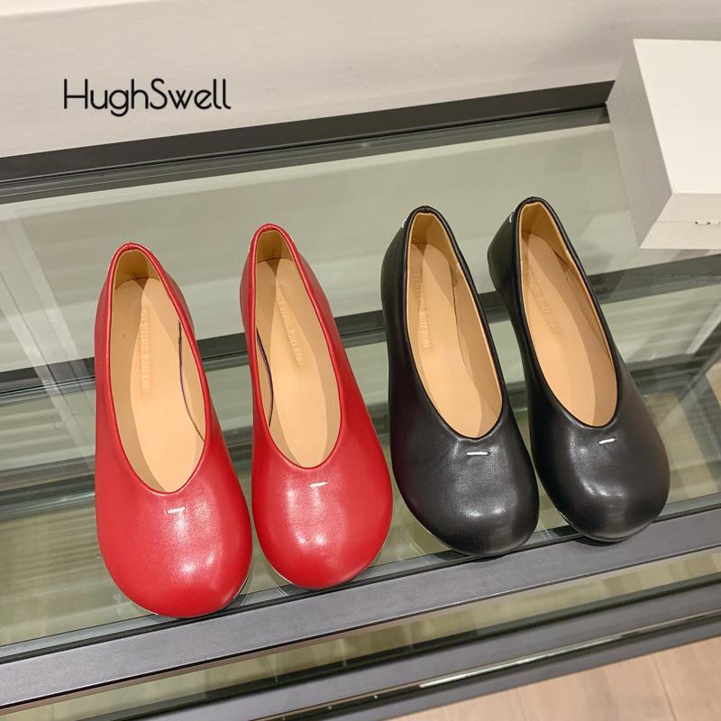 Fashion Red Round Toe Leather Ballet Shoes Woman Brand Design Soft Shallow Loafers Ladies Retro Slip-on Flat Zapatos with Stitch Details