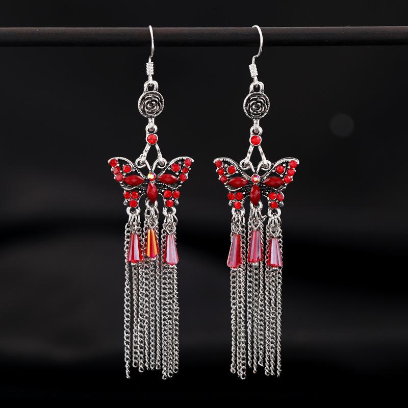 Retro Ethnic Style Butterfly Crystal Fringed Earrings Femininity Versatile Personality Long Earrings Fashion Earrings