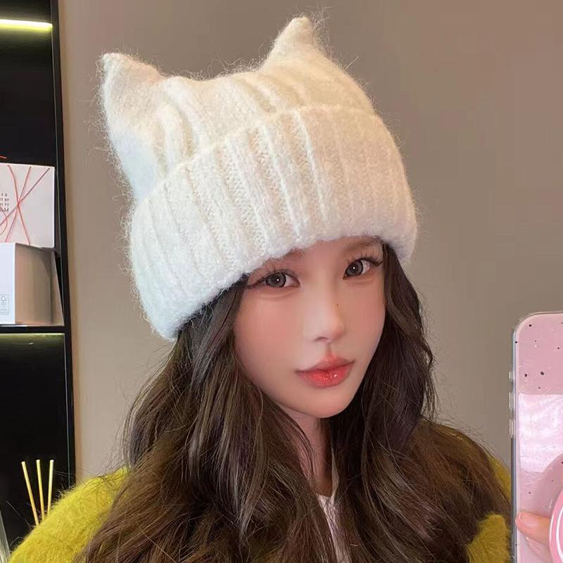 Cartoon Knitted Hat for Women Korean Style Solid Color Fashionable Versatile Wool Hat Outdoor Windproof and Warm Pull Out Hat for Men