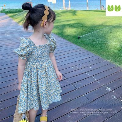 Girls' Dress Square Collar Puff Sleeve Floral Skirt Children's Backless Princess Dress
