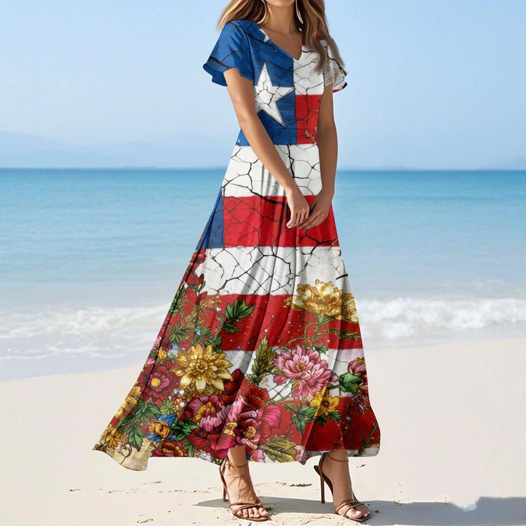 Dámské letní ležérní módní šaty s barevným potiskem Šaty s krátkým rukávem s výstřihem do V