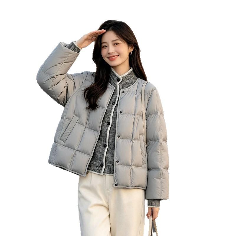 Down Jacket Women's Pinghu New Knitted Splicing Fake Two-piece Stand-up Collar Duck Down Fashion Coat