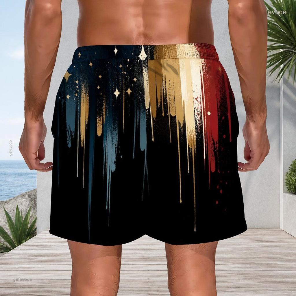 Mens Plus Size Beach Shorts Abstract Star Dripping Print Loose Drawstring Quick Dry Casual Swim Trunks For Summer Beach Surfing Daily Wear
