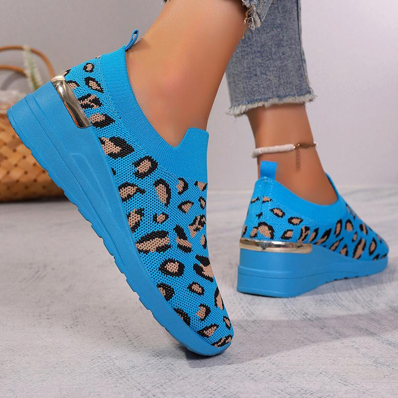 Fashion Leopard Print Knitted Wedge Sneakers for Women Lightweight Slip On Running Shoes Woman Soft Sole Comfortable Casual Shoes 37-44