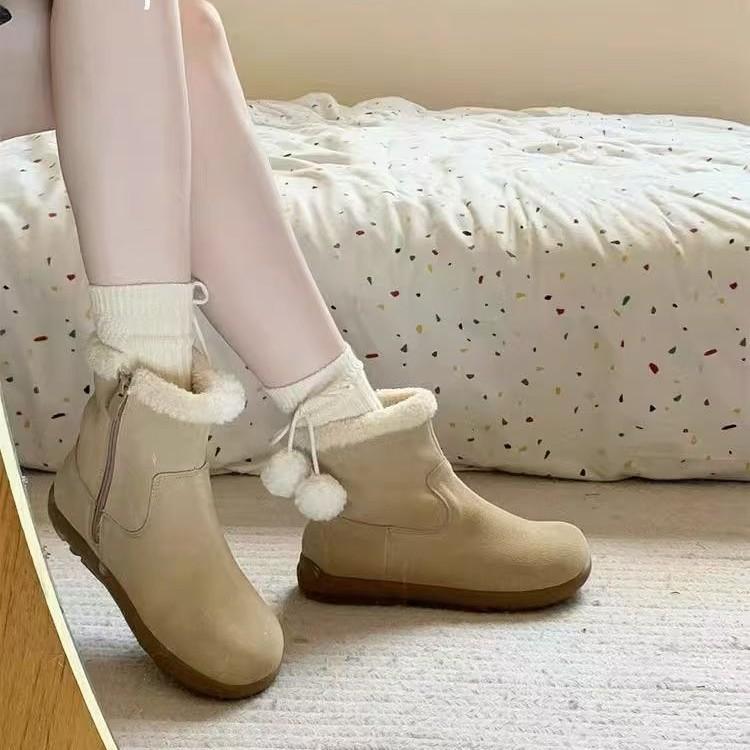 Snow Boots Women's Winter 2025 New Mori Retro Velvet Warm Cotton Shoes Flat Bottom Ugly Cute Fluffy Cotton Short Boots
