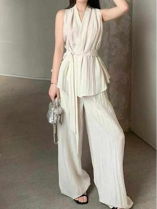 2026 Summer Tencel Linen V-neck Sleeveless Top & High-waist Wide-leg Pants Set for Women Small
