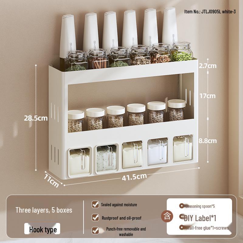 Punch-Free Wall-Mounted Kitchen Seasoning Rack with Jars