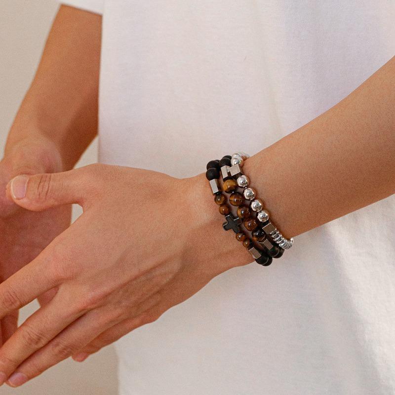 Vintage Multilayer Beaded Bracelet for Men Fashion Hip Hop Tiger Eye's CCB Titanium Steel Cross Beads Bracelets Accessories Men