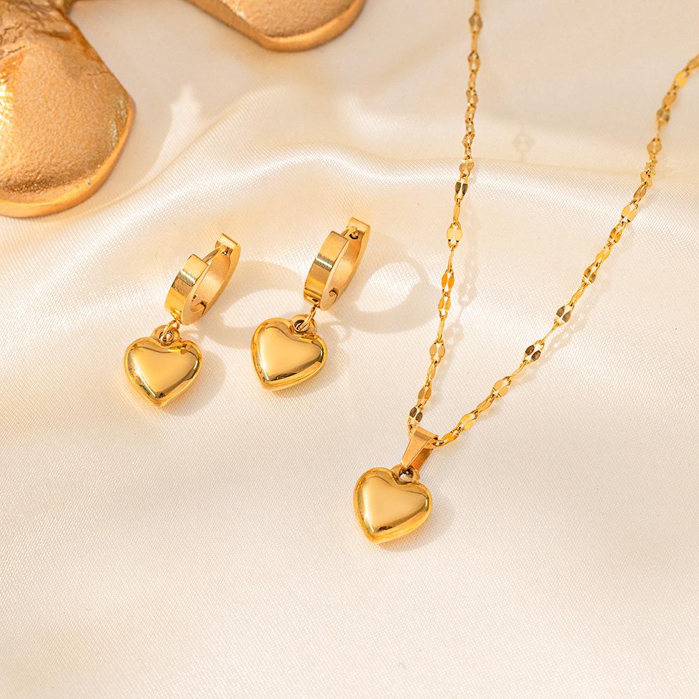 Classic Simple Luxury Gold Color Stainless Steel Heart Pendant Necklace for Women Temperament Chokers Earring Jewelry Set Gift